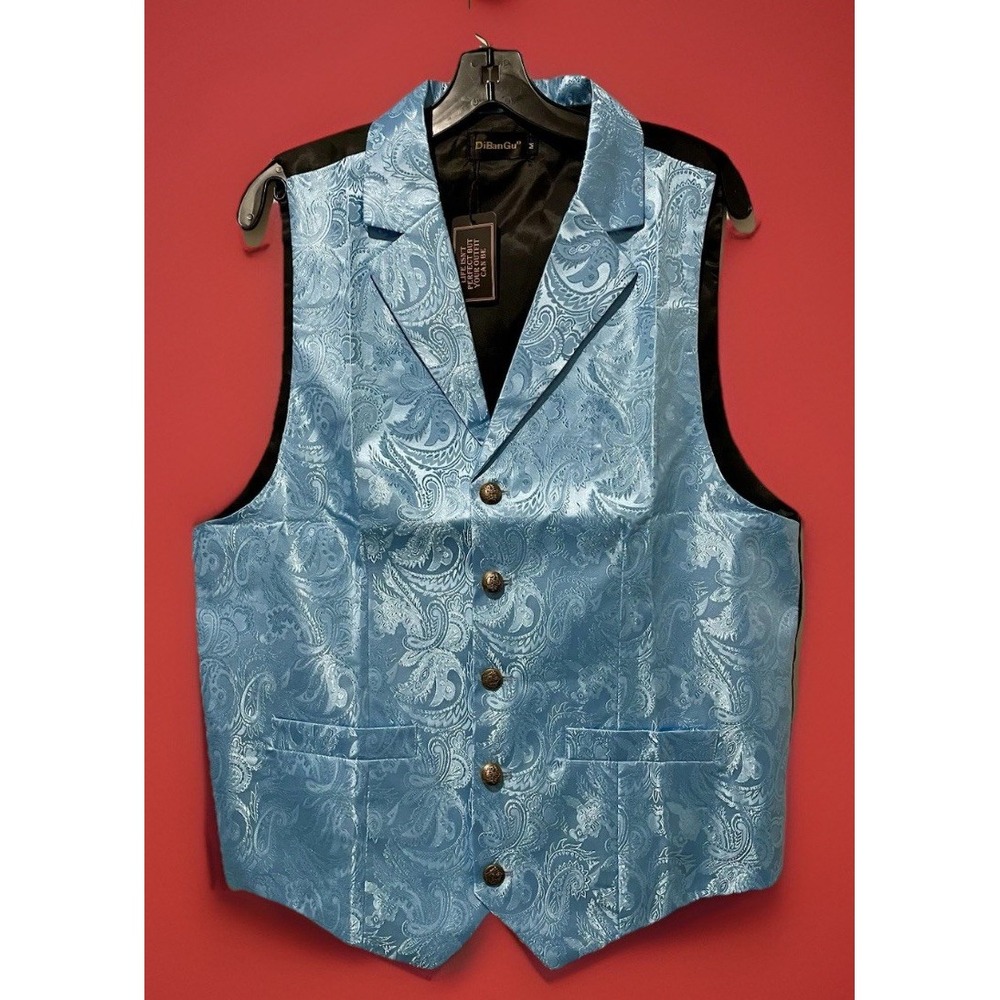 New DiBanGu Men's Carolina Blue vest and tie wear size 2XL‎ Prom Formal Wedding